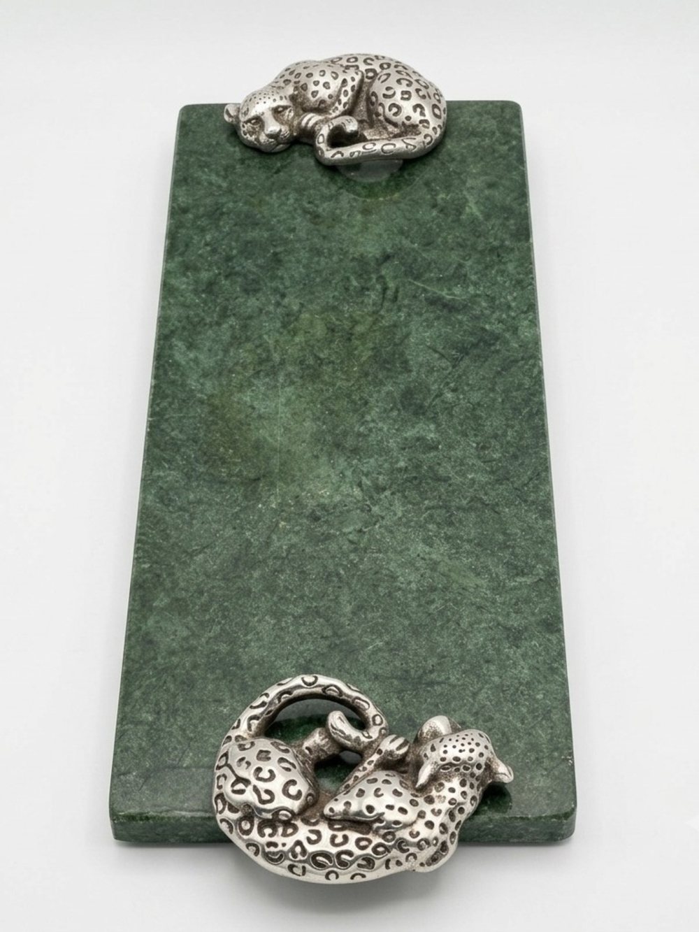 Vintage Green Granite Serving Tray with Silver Leopard Handles – 17" x 6" - Picture 2 of 3